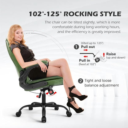 YAMASORO Executive Office Chair,Big and Tall Ergonomic Desk Chair with Adjustable Lumbar Support,Breathable PU Leather Computer Chair wih Flip-up Arms and Wheels,Green