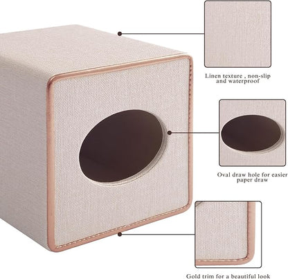Linen Square Tissue Box Cover,Cube Tissue Box Holder－Excellent Rosegold Leather Decoration,Table Napkin Case Dispenser,Facial Tissues Organizer with Magnetic Bottom for Home Office Car(Beige)