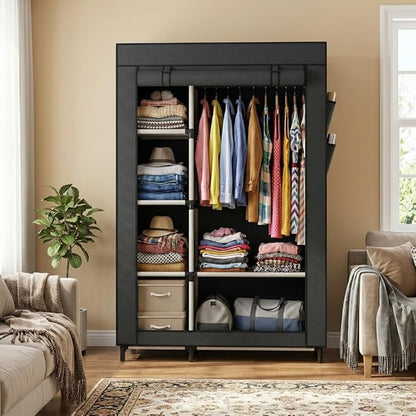 Calmootey Portable Closet Organizers, Clothing Storage, Wardrobe with 6 Shelves and Hanging Rod, Non-Woven Fabric Cover with 4 Side Pockets, Black