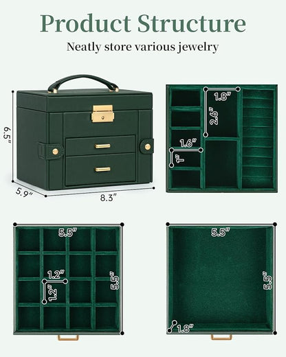 TORIBIO Jewelry Box for Women, Leather Jewelry Organizer with Mirror & Lock, 3-Tier Jewelry Storage Organizer with 2 Drawers for Girls/Women/Mothers, Necklace Earring Bracelets Holder Organizer