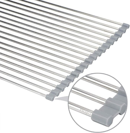 Hhyn Roll Up Dish Drying Rack 20.5"(L) x 13.8"(W) - Stainless Steel and Silicone Dish Drying Mat Over The Sink Foldable Drain Rack Multipurpose Dish Drainer Extra Large, Gray