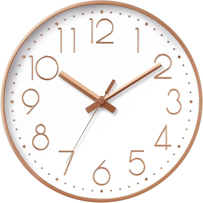 DAXSMY Wall Clock - 10 Inch Silent Non-Ticking Modern 3D Wall Clocks Battery Operated - Decorative Clock for Kitchen, Home Office, Bathroom, Bedroom(Rose Gold)
