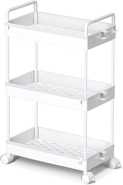 Ronlap 3 Tier Slim Rolling Storage Cart with Wheels Plastic Utility Cart Organizer for Snack Craft Art Postpartum Baby Diaper Nail Makeup in Bathroom Laundry Room Kitchen Bedside Narrow Space, White