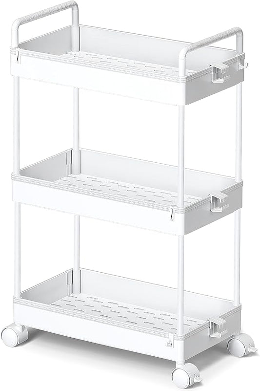 Ronlap 3 Tier Slim Rolling Storage Cart with Wheels Plastic Utility Cart Organizer for Snack Craft Art Postpartum Baby Diaper Nail Makeup in Bathroom Laundry Room Kitchen Bedside Narrow Space, White