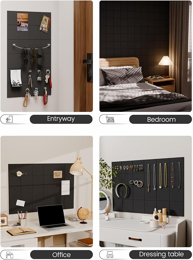 Fluxynara Felt Bulletin Board Tiles -28"x18" Cork Board Alternative for Office Decor, Push Pin Board Wall Organizer 6-Pack-Black