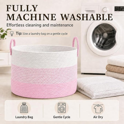JMvicyroam 115L Extra Large Blanket Basket for Living Room - Woven Cotton Rope Laundry Hamper with Reinforced Handles - Storage Bin for Pillows, Comforters & Toys - Machine Washable,White&Pink Mix
