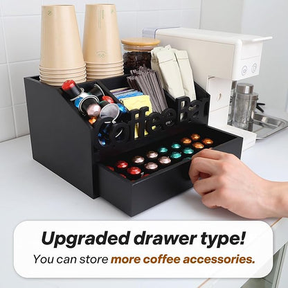 Coffee Bar Organizer for Countertop - Wooden Coffee Organizer Condiment Station, Coffee Station Organizer for Home & Office, K Cup Stand for Counter, Tea Box - Black Drawer Type