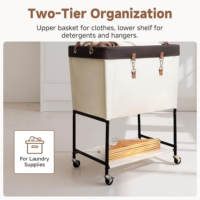 StorageWorks Laundry Cart, 2 Tier Rolling Laundry Basket, Heavy Duty Laundry Basket with Lockable Wheels, Laundry Room Organization and Storage, Clothes Hamper for Bedroom, Dorm, Closet, 29Gal, Beige