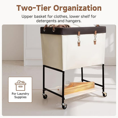 StorageWorks Laundry Cart, 2 Tier Rolling Laundry Basket, Heavy Duty Laundry Basket with Lockable Wheels, Laundry Room Organization and Storage, Clothes Hamper for Bedroom, Dorm, Closet, 29Gal, Beige
