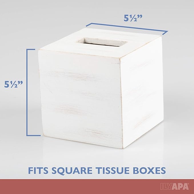 Ilyapa Wood Tissue Box Cover Square - Rustic Farmhouse White Wooden Tissue Holder