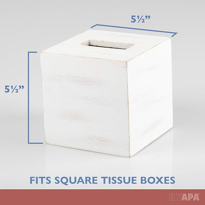 Ilyapa Wood Tissue Box Cover Square - Rustic Farmhouse White Wooden Tissue Holder