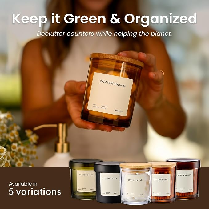 Maisonovo Glass Bathroom Containers with Lids (Airtight) - Qtip Holder - Apothecary Jars for Cotton Rounds, Swabs, Balls - Amber Bamboo Q Tip Dispenser - 2 pc Bathroom Canisters Set for Organization