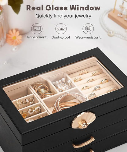 Jewelry Box with 2 Drawers: Display Organizer for Earrings Necklaces - Gifts for Girls Women (Black)