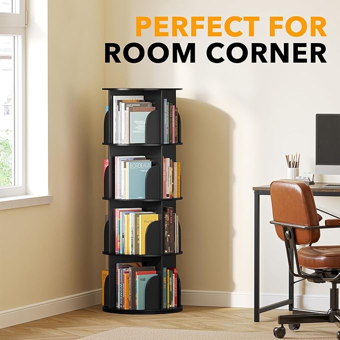SpaceAid 4 Tier Rotating Bookshelf Tower, Spinning Bookcase Lazy Susan, Revolving 360 Book Shelf Storage Round Carousel, Vertical Rotate Turning Spiral Corner Organizer, Black