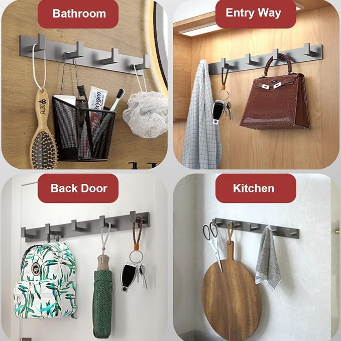 Coat Rack, Heavy Duty Stainless Steel 5 Tri Coat Hook Hanger, Wall Mounted Storage Wall Hooks, Rustic Clothes Hook/Key Hook Rail for Bathroom Kitchen Entryway(5 Hook Grey)