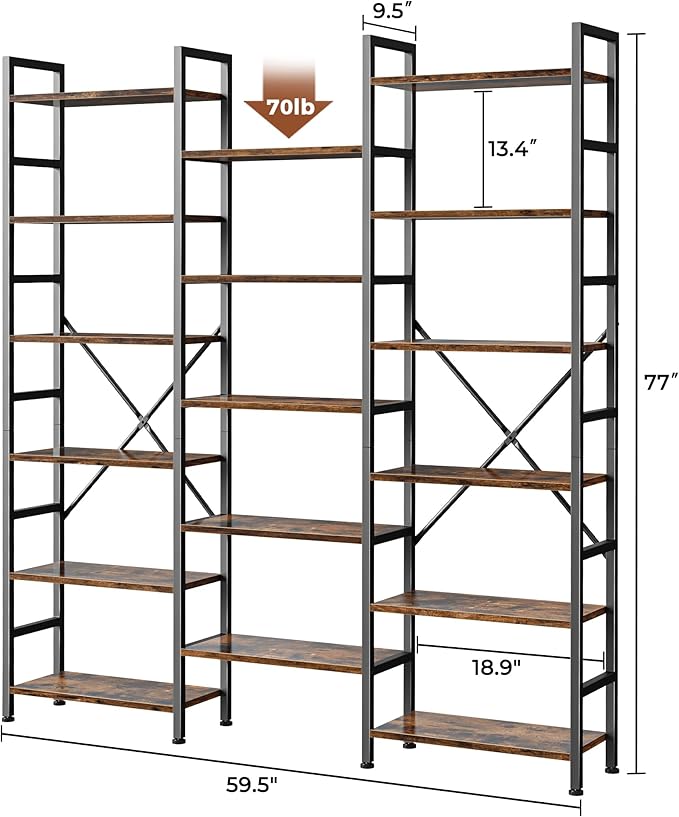 SUPERJARE Triple Bookshelf, Bookcase with 11 Open Display Shelves, Wide Book Shelf Book Case for Home & Office, 6 Tier, Rustic Brown