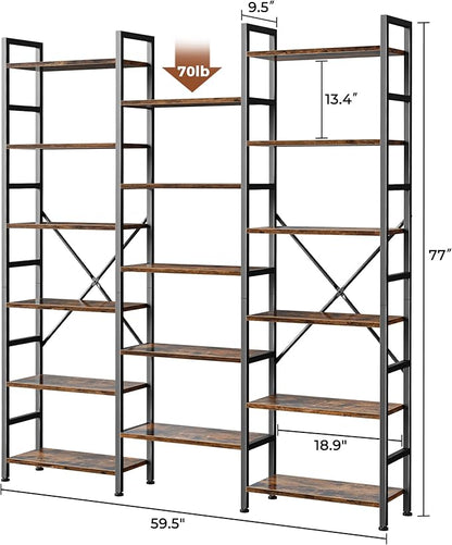 SUPERJARE Triple Bookshelf, Bookcase with 11 Open Display Shelves, Wide Book Shelf Book Case for Home & Office, 6 Tier, Rustic Brown