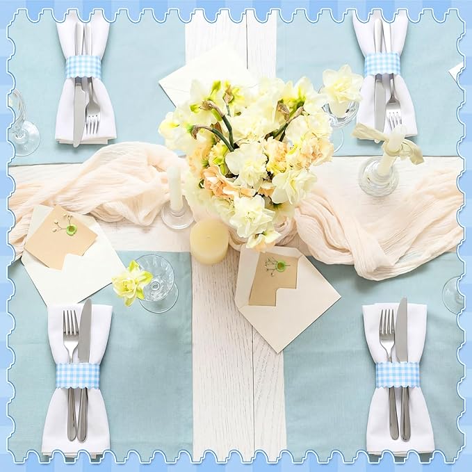300 Pcs Blue White Plaid Paper Napkin Rings Disposable Napkin Bands Self Adhesive Summer Silverware Wrap Band for Birthday Holiday Party Dinner Table Setting Decoration