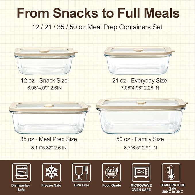 4 Pack Glass Meal Prep Containers Set with Glass Lids, Plastic-Free Glass Food Storage Containers, Multi-Size Glass Food Prep Containers for Lunch, Leftovers, Microwave, Freezer (12, 21, 35, 50 oz)