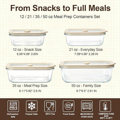4 Pack Glass Meal Prep Containers Set with Glass Lids, Plastic-Free Glass Food Storage Containers, Multi-Size Glass Food Prep Containers for Lunch, Leftovers, Microwave, Freezer (12, 21, 35, 50 oz)