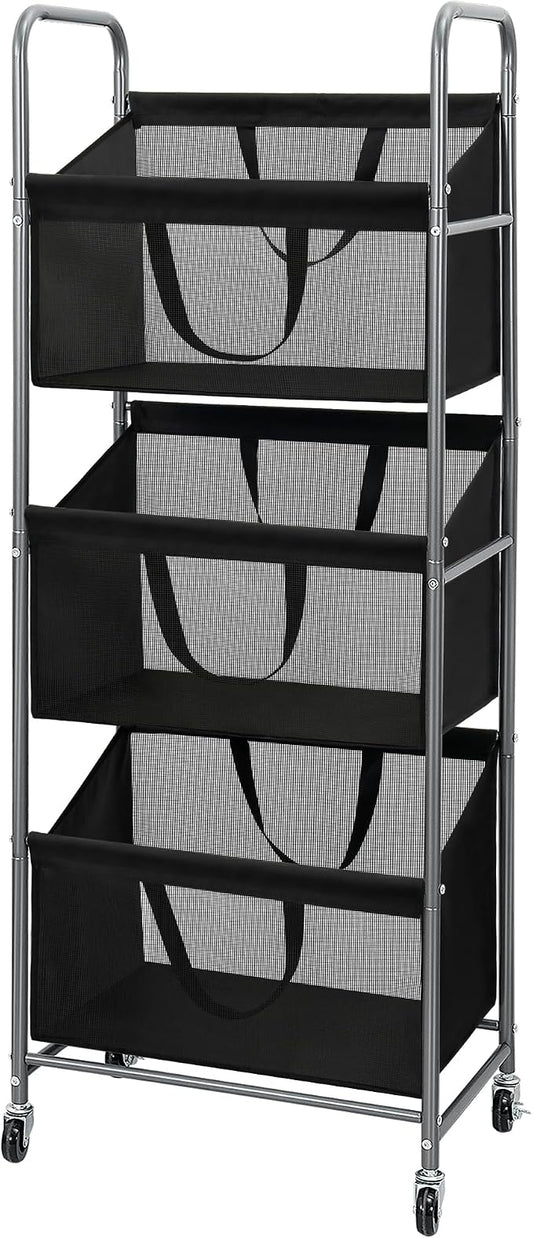 STO STO 3-Tier Vertical Laundry Hamper with Wheels, 120L Rolling Laundry Sorter with 3 Removable Breathable Mesh Bags, Rust-Resistant Steel Frame for Small Spaces, Apartment, Dorm, Black Mesh
