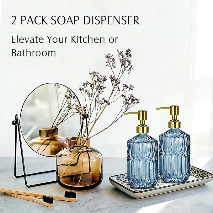 COHOSEGE 17 Oz Blue Glass Kitchen Soap Dispenser for Dish Soap, 2 Pack Bathroom Soap Dispenser Set with Gold Rust Proof Pump for Lotion, Hand soap or Body Wash
