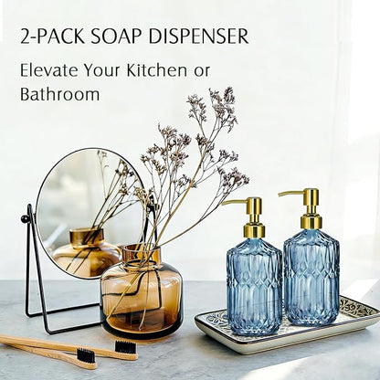 COHOSEGE 17 Oz Blue Glass Kitchen Soap Dispenser for Dish Soap, 2 Pack Bathroom Soap Dispenser Set with Gold Rust Proof Pump for Lotion, Hand soap or Body Wash