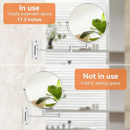 8 inch Wall Mounted Makeup Magnifying Mirror, 1X/10X Double-Sided Wall Mount Shaving Mirror with Extendable Arm, 360° Swivel for Vanity and Bathroom, Chrome Finish（No Light）