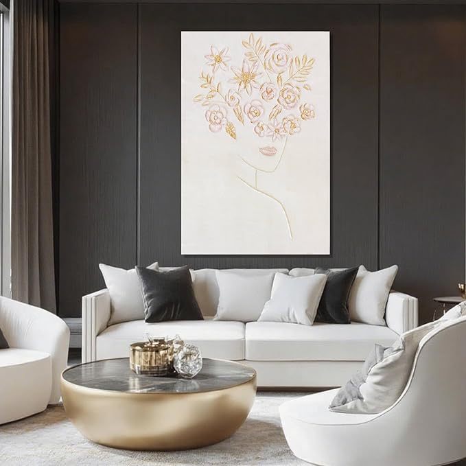 Framed Minimalist Wall Art, Beautiful Woman with Pink Flowers, Abstract Wall Art for Living Room, Aesthetic Posters for Room, Office Wall Decor for Women, 24" x 36"