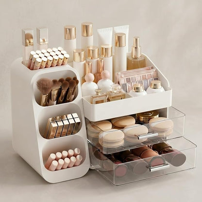 Makeup Organizer for Vanity - Large Skincare Organizers Countertop, Cosmetic Organizer with Brush Holder and 2 Drawer, Makeup Storage for Lipsticks, Nail Polishes, Eyeshadow Palettes, White