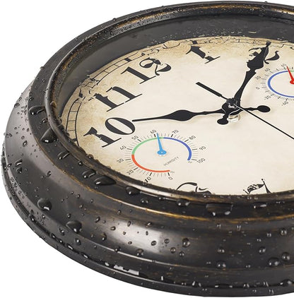 12 Inch Outdoor Clock with Thermometer and Hygrometer Combo, Waterproof Indoor Outdoor Wall Clocks for Patio, Pool,Garden Decor- Retro Bronze