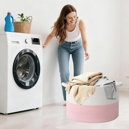 115L Extra Large Pink Woven Cotton Rope Basket with Handles, Kids Nursery Laundry Hamper for Toys, Blankets, Pillows & Comforters, Cute Storage Bin for Bedroom & Playroom