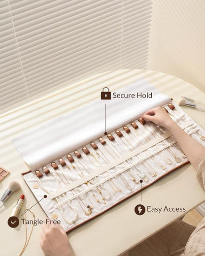Lolalet Travel Necklace Organizer, Tangle-Free Necklace Case for Travel, Foldable Roll Up Jewelry Storage Bag for Necklaces Chains Bracelets, Caramel, 18 Slots Holder