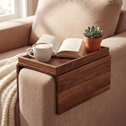 Sofa Arm Tray, Foldable Bamboo Couch Armrest Table with Large 12.5" x 5.8" Storage Compartment, Portable Chair Couch Caddy Arm Tray for Cup TV Snacks Phone