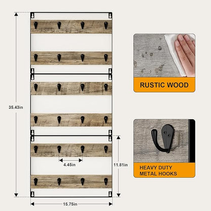 IBUYKE Wall-Mounted Mug Rack Set of 3, 24-Hook Large Coffee Display Organizer for Kitchen, Home, Bar, Coffee Station - Rustic Wood, Greige TBJ005Y-3