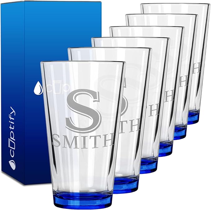 Personalized Beer Glasses Set of 6 Engraved Blue 16oz Pint Glasses for Men & Women, Custom Drinking Gift for Birthdays, Weddings, Father’s Day & More