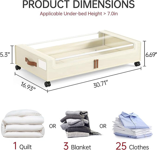 Yecaye Under Bed Storage with Wheels, 2 Pack Under Bed Storage Containers, 60L Underbed Shoe Storage with Clear Window & Label, Rolling Under Bed Metal Drawer for Clothes, Shoes, Books, Blankets