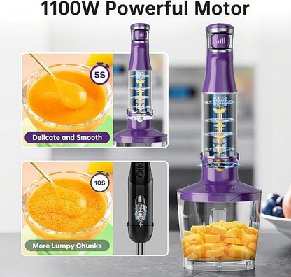 Turelar Immersion Blender Handheld Corded Hand Blenders Set 1100W, Trigger Variable Speed 5 in 1 Stick Emulsifier with Chopper, Whisk and Frother for Soup, Baby Food and Smoothies, Purple