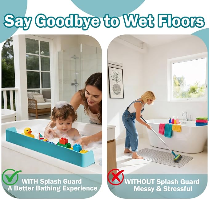 Bathtub Splash Guard for Tub Kids- 31" Extra Long Silicone Bath Play Shelf, Toy Tray & Caddy Holder, Prevent Water Spills & Messy Floors, Tub Edge Guard for Bathroom- Blue