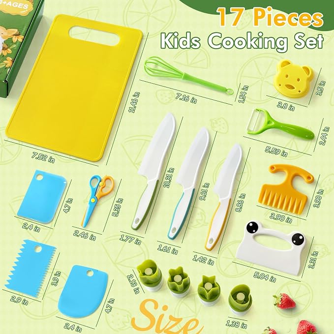 Chanking 17 Pieces Kids Safe Knife Set for Real Cooking Child-Friendly Plastic Chef Tools Montessori Kitchen Toys for Toddlers Birthday Gifts for Boys and Girls Ages 4+ (B)