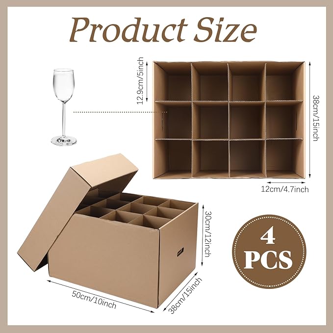 4 Pack Wine Glass Moving Boxes Kitchen Moving Boxes with Handle Kitchen Kit with Lid for Dish Glassware (Brown,20 x 15 x 12 Inches)
