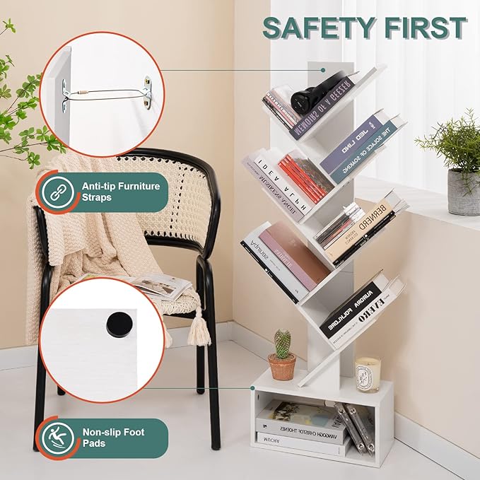 Yoobure Tree Bookshelf, 6 Tier Small Book Shelf Retro Floor Standing Bookcase, Wood Book Storage Organizer Rack, Tall Narrow Bookshelves for Corner/Bedroom/Living Room/Home Office, White