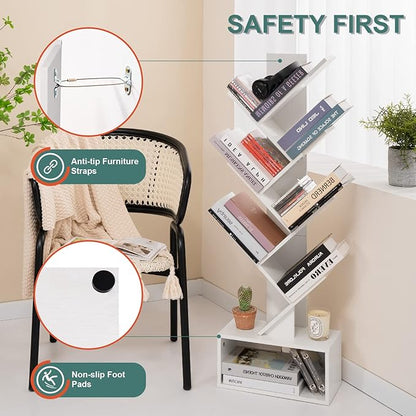 Yoobure Tree Bookshelf, 6 Tier Small Book Shelf Retro Floor Standing Bookcase, Wood Book Storage Organizer Rack, Tall Narrow Bookshelves for Corner/Bedroom/Living Room/Home Office, White