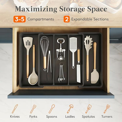 Lifewit Utensil Organizer, Expandable Kitchen Drawer Tray, Adjustable Cutlery and Cooking Utensil Holder, Black