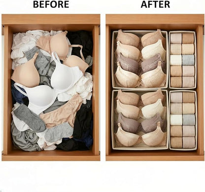 Underwear Drawer Organizer, 2 Pack, Khaki | Foldable Fabric Storage Bins, For Dresser & Closet, Sock and Bra Dividers, 2 Sizes, Bedroom Organization