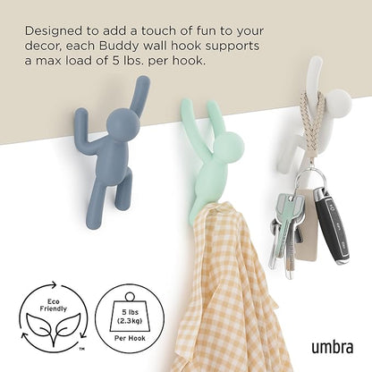Umbra Buddy Wall Hooks – Decorative Wall Mounted Coat Hooks for Hanging Coats, Scarves, Bags, Purses, Backpacks, Towels and More, Set of 3, White/Grey/Mint