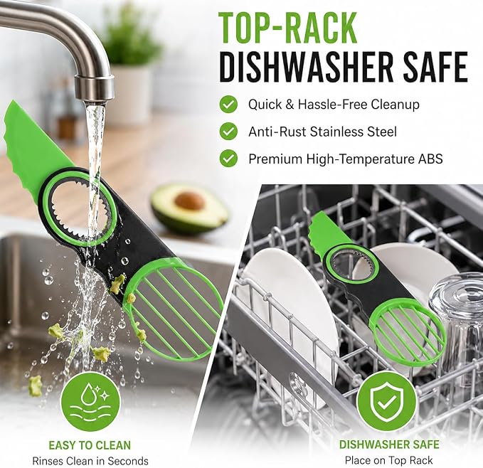 3-in-1 Avocado Slicer Tool & Stainless Steel Pitter | Multifunctional avocado cutter, peeler, and scooper with a non-slip grip. Top-rack dishwasher safe for easy cleaning.