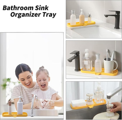 MicoYang Silicone Soap Dish with Drain Spout — Self-Draining Double Sink Organizer Tray for Kitchen & Bathroom, Dispensers, Sponges & Soap Holder, Non-Slip & Dishwasher Safe, Yellow (Large, 12"×4")