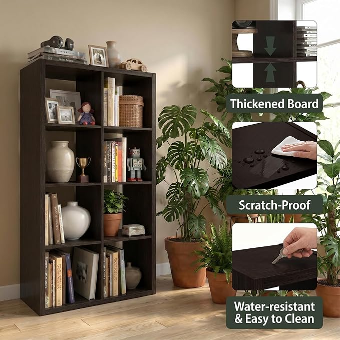 WannabeMyself【2026 Wooden Thick Frame】 8 Cube Storage Organizer with Anti-Tipping Kits, Reversible Open Back Book Shelf,Bookcase for Living Room,Bedroom,Entrance Hall,Office,11.6×48×24.6,Chocolate