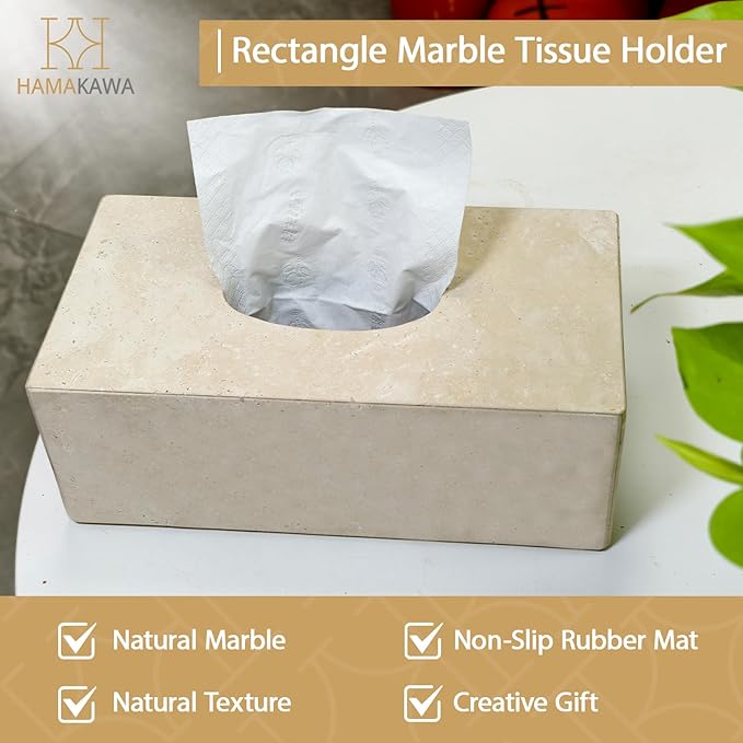 HAMAKAWA Natural Marble Tissue Box Cover, Beige Tissue Organizer L 10 x W 5.5 x H 3.5 Inch, Heavy Stone Decorative Box, Square Tissue Box Holder for Home Decor, Kitchen, Bathroom
